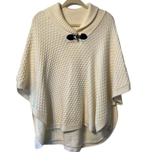 Calvin Klein Cream Chunky Knit Poncho Sweater Cape Shawl Collar Bridle Accent - Picture 1 of 10